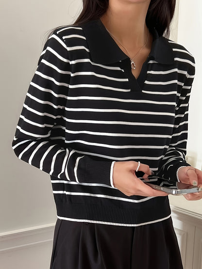 Chic Black & White Striped Collared Sweater for Women - Casual V-Neck, Long Sleeve, High Stretch Viscose Blend, Easy Care, Perfect with A-Line Skirts