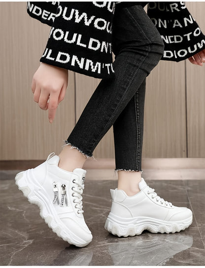 Women's White Platform Sneakers - Chunky Platform Shoes with Cushioned PVC Sole, Lace-Up Low-Top for Everyday, Travel, Office - All-Season Synthetic Cover - Leg-Lengthening Design, Ladies Sneakers, Travel Footwear, Chunky Sol