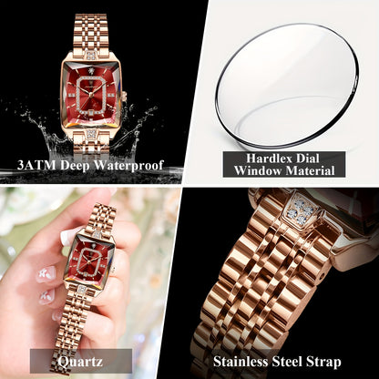 POEDAGAR Elegant Women's Quartz Watch - Rose Golden Stainless Steel, (3ATM), Square Dial with Gemstone Accents, Date Display, Luxury Fashion Accessory for Casual or Formal Occasions