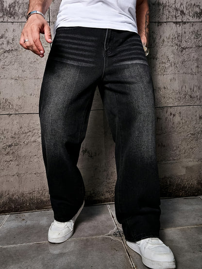 Men'S Casual Loose Fit Denim Jeans, 88.5% Cotton 8.5% Polyester 3% Rayon, All-Season Solid Color Washed Fabric, Regular Length, Non-Stretch Woven Denim Pants