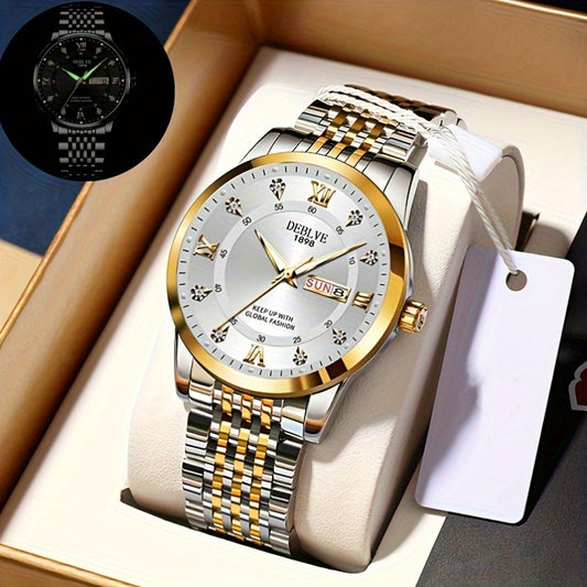 1pc Men'S Business Style Roman Dial Quartz Watch with Luminous Date and Day Display, Stainless Steel Alloy Strap, IPX7 Waterproof, Battery Operated, Elegant Fashion Accessory + Box