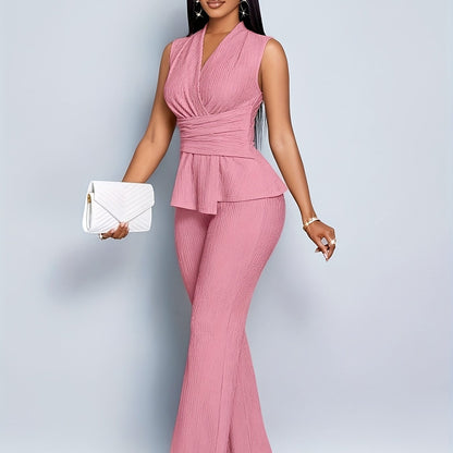 Elegant Women'S Two-Piece Set, Sleeveless V-Neck Top & Wide-Leg Pants, Solid Color, Asymmetrical Design, All-Season Casual Wear, Casual Attire | Asymmetrical Top | Wideleg Pants
