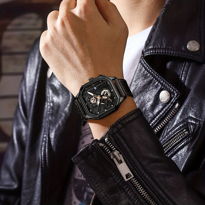 CRRJU Men's Sporty Chronograph Watch with Rose Golden Accents, Quartz Movement, IPX8 High Quality, Black Dial & Brown Faux Leather Strap - Durable Casual & Formal Timepiece