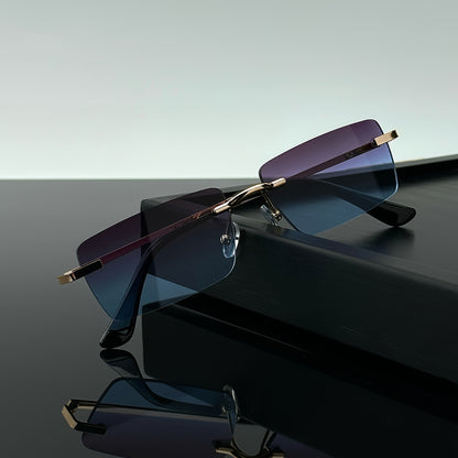 1 Pair of Men'S Metal Rectangular Rimless Glasses - Stylish Black Stainless Steel Frame with Blue-Tinted Lenses for Casual Streetwear, Parties & Gathering