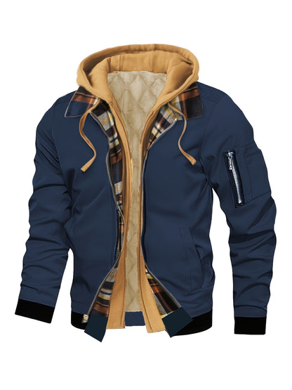 Men'S Warm Fleece-Lined Hooded Jacket with Plaid Details - Casual Winter Coat for Outdoor Activities, Zip-Up, Regular Fit, Polyester Lined, Functional Pockets, Windproof & Warm, Functional Winter Jacket | Stylish Men'S Jacket