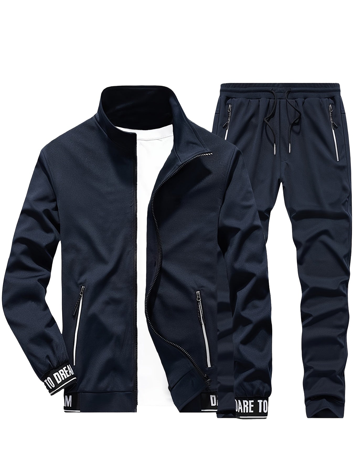 Men'S Casual Sportswear Set - Beige Zip-Up Jacket & Joggers with "DARE TO BE" Print, Long Sleeve, Pockets, and Drawstring Waist, Perfect for Running and Leisure Activities, Spring/Fall Collection, Spring Fall Attire | Zipup J