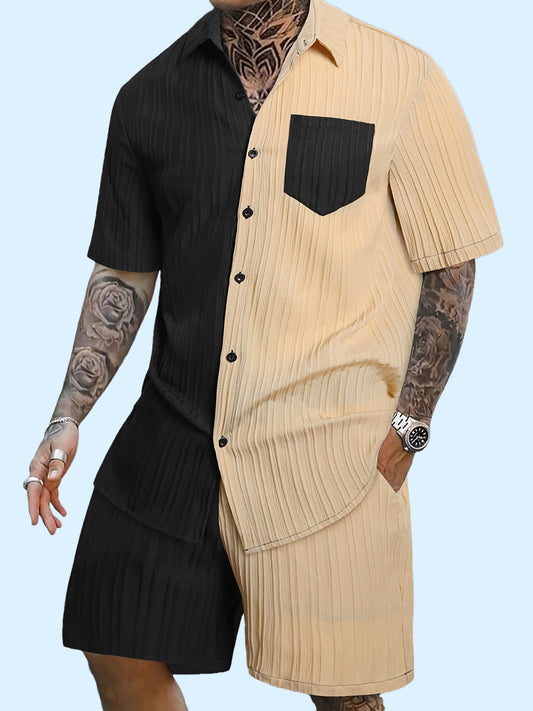 Men'S Casual Summer Polyester Shirt and Shorts Set, Regular Fit, Color Block, Lapel Collar, Slight Stretch Fabric, Lash Sets, Active Wear