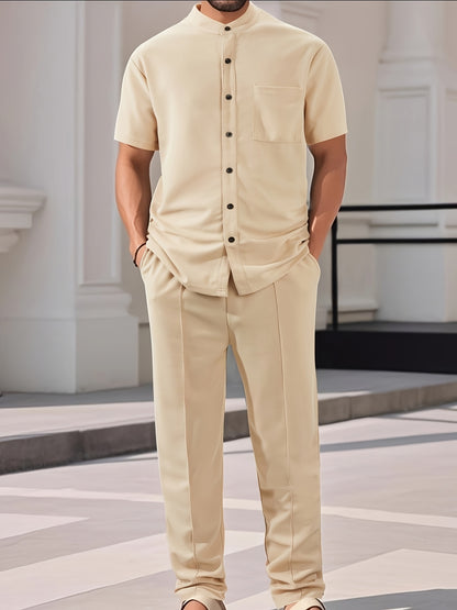 Men'S Two-Piece Set Featuring a Short-Sleeve Cardigan with Pockets And Drawstring Pocket Long Pants, Perfect for a Clean And Comfortable Summer.