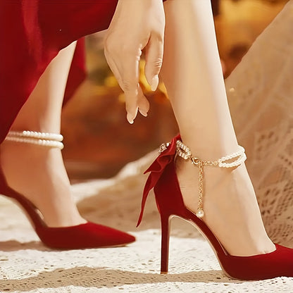 Women's Elegant Summer Evening Dress Shoes with Red Thin Heels, Bow Detail and Comfortable Fit with Insole Pair