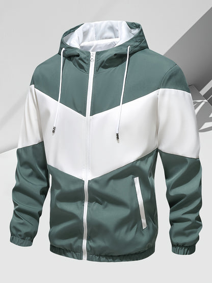 Men's Casual 2-Piece Outfit, Stylish Color Block Zip Up Hooded Jacket, Breathable Solid Color Drawstring Pants