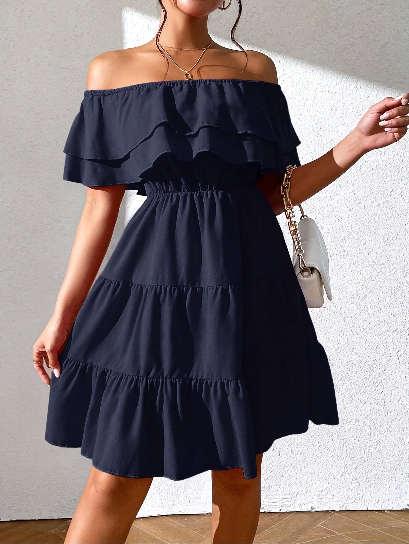 Կանացի «Off the Shoulder Ruffle» Casual զգեստ, պոլիեսթեր 100%, միաձույլ, կահավորված, հյուսված, բոլոր սեզոնների համար