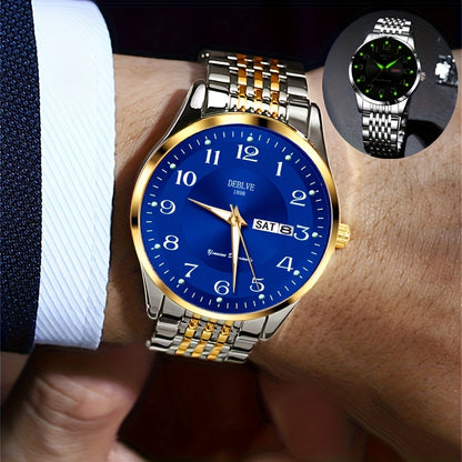 1pc DEBLOVE Men'S Stainless Steel Watch with Red Dial - Date, Calendar, Luminescent Hands & Markers, Quartz Movement, Business Casual Style, Perfect for Travel, Work, and Birthdays, Birthdays Gift|Elegant Watch Design|Quartz