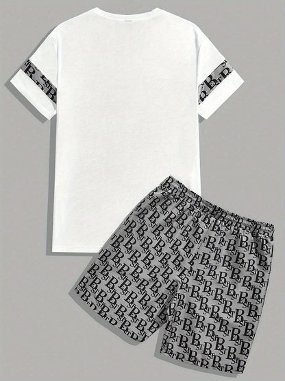 A fashionable letter print design T-shirt set, featuring a combination of round neck, short sleeves and shorts, is casual, simple, comfortable and soft. It is a two-piece set for Men's summer daily casual wear