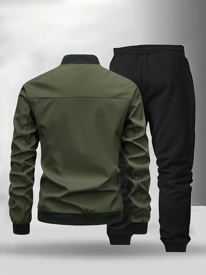 Men'S Casual Two-Piece Athletic Set - Black Baseball Collar Jacket with Zipper, Elastic Waistband Pants, Regular Fit for Spring/Fall, Spring Outerwear | Sporty Casualwear | Zippered Jacket