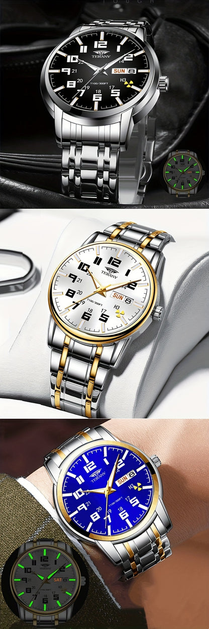 1pc New Stainless Steel with Digital Men's Watch Calendar Week Display Fashion Trend Life Travel Luminous Casual Sport Business Watch Ideal for Birthday Gifts Holiday Gifts Gifts