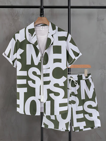 Men's Suit with Black and White Letter Print, Short Sleeve, Open Collar Shirt and Shorts, Casual Set