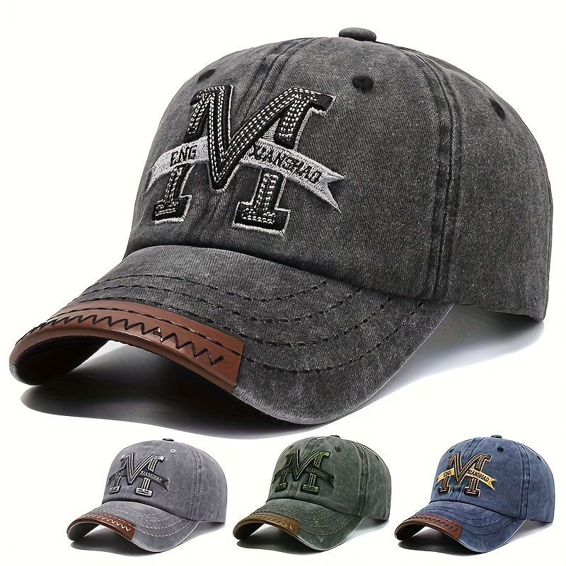 1pc Vintage Washed Cotton Baseball Cap with Embroidered Letter "M" - Adjustable Snapback, Lightweight Sun Hat for Men & Women, Black with Brown Band, Adjustable Baseball Cap