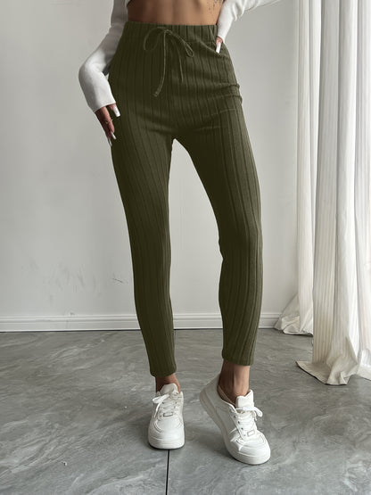 High-Waisted Drawstring Skinny Knitted Pants For Everyday Wear - Solid Color Women's Casual Clothing