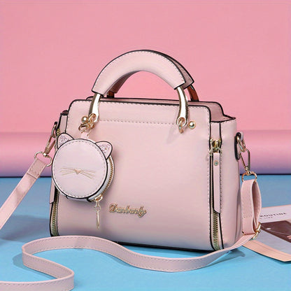 Women'S Fashion 2023 Embroidered Cat Design Messenger Bag, Removable Strap, Zipper Closure, Polyester Lined, Casual Shoulder Handbag with Edge Paint Detail
