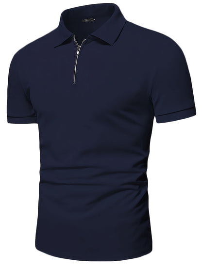 Casual Stretch Men's Solid Color Zipper Lapel Golf Shirt, Male Summer Streetwear
