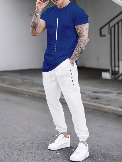 1set Men'S Casual Sportswear Set, Geometric Pattern Short Sleeve T-Shirt and Drawstring Joggers, Knitted Polyester and Elastane Blend, Round Neck, Regular Fit, Four Seasons Outfit