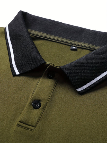 Men's Casual Color-Block Long Sleeve Button-Up Shirt & Drawstring Joggers Set - Polyester Blend, Pockets Included, Perfect for Spring/Fall