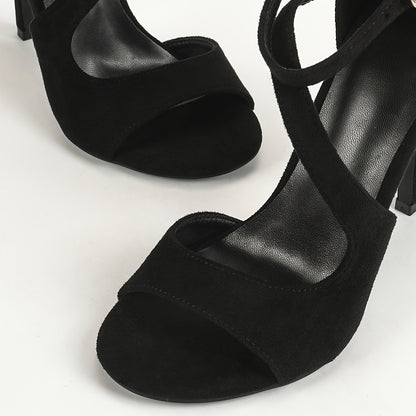 Ladies Stiletto Heels, Solid Color, Open Toe, Black, Flannel Upper, Man Made Materials (Polyurethane) Inner and Insole, Rubber Sole, Ultrahigh Heel, Buckle Closure, for Party, Wedding, Work