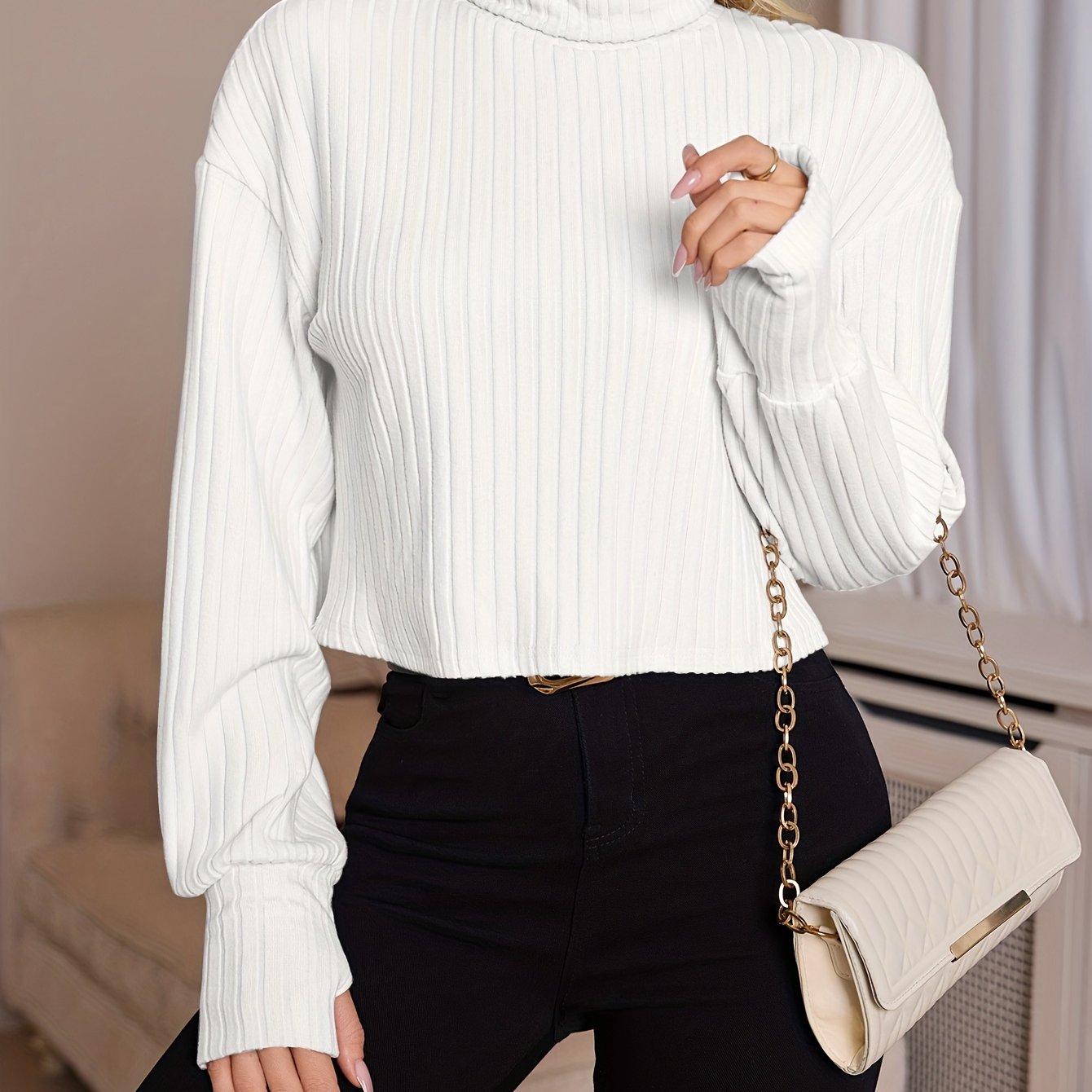 Women'S High Neck Knit Turtleneck T-Shirt, Solid Color Polyester 95% Spandex 5% Blend, Short Length, Fall/Winter Collection, 210g/m² Knit Fabric