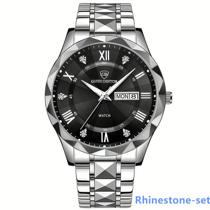 Fashionable Men'S Quartz Watch with a Diamond-shaped Dial, IPX7 Waterproof, Dual Calendar, Luminous Steel Strap, Business Watch