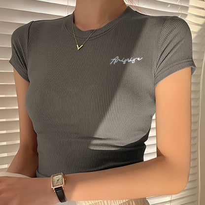 Women's Summer Slim Fit Short Sleeve T-Shirt - High Elasticity Breathable Fabric with Black Letter Embroidery, Versatile Casual & Office Wear, Elegant Collection, Cute Short Sleeve Tops, Everyday Comfort Tee, Slim Fit Tee, Sm