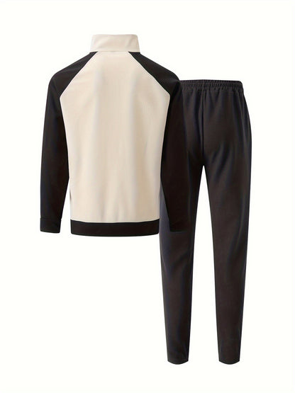 Men's Sporty Color Block Zip-Up Jacket & Joggers Set - Polyester Blend, Perfect for Spring/Fall