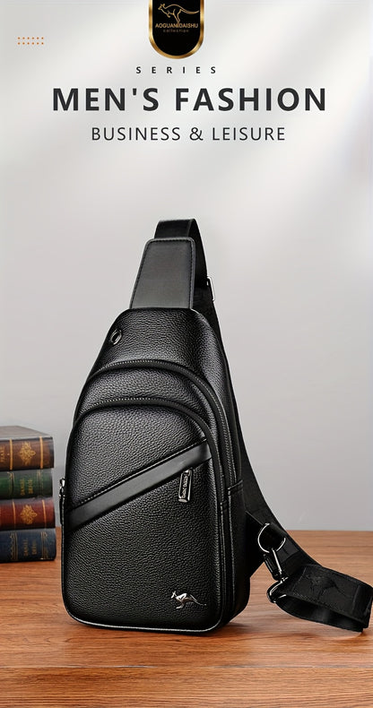 MOEPEQDAISHU Men's Synthetic Leather Crossbody Bag - Adjustable Strap, Multiple Compartments, Casual Style, Black, Perfect for Daily Commute, Casual Crossbody Bag | Modern Men's Bag | Textured Finish, Purse Crossbody