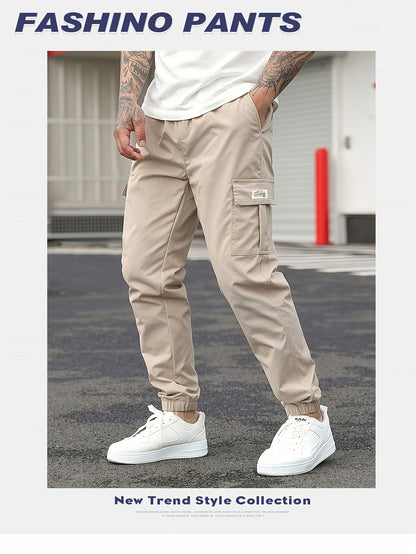 1pc Men'S Casual Polyester Cargo Pants - Mid Waist Elastic Joggers with Multiple Pockets, Non-Stretch Solid Color, Regular Fit for Weekend Wear - Spring/Fall Fashion Trousers