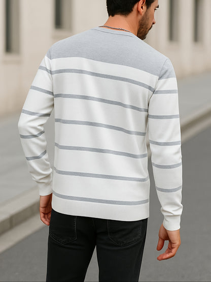 Men's Slim-Fit Striped Knit Sweater - All-Season Business Casual & Casual Attire, Navy Blue/White Horizontal Stripes with Contrast Trim, Round Neck Long Sleeve Pullover, Multi-Color Options (Black/Beige/Light Brown/Navy) - Co