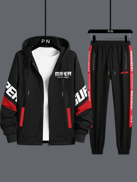 Classic Men's Athletic 2Pcs Tracksuit Set Casual Full-Zip Sweatsuits Long Sleeve Hoodie And Jogging Pants Set For Gym Workout Running