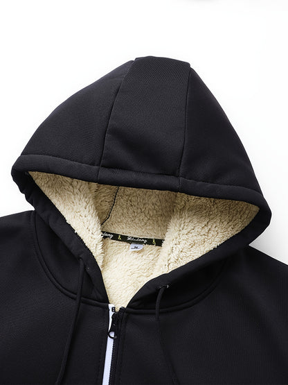 1pc Men'S Casual Style Hooded Jacket, Thick Fleece Lined, Warm Autumn/Winter Fashion, Solid Color, Polyester Knit with Pockets, Regular Fit