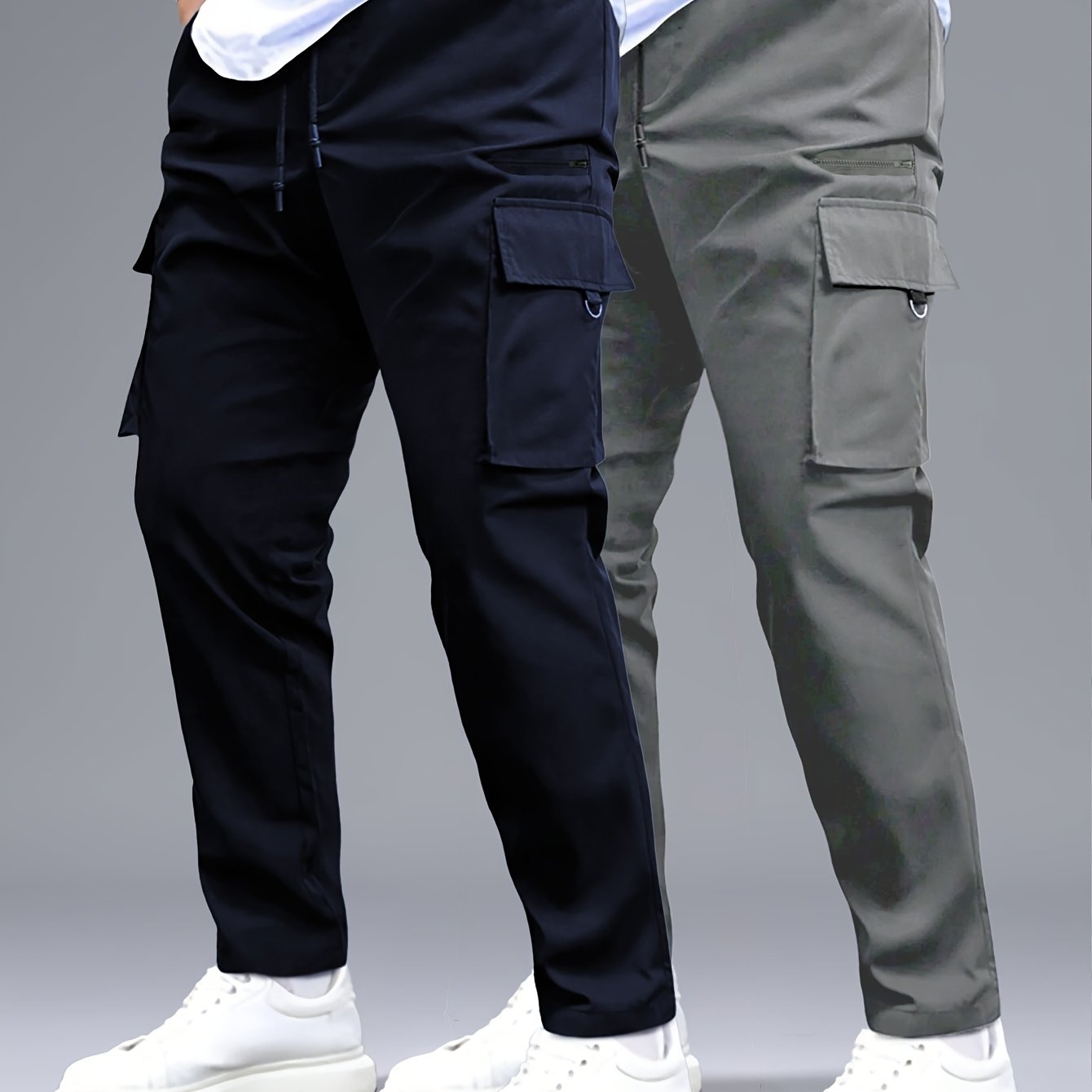2pcs Men's Cargo Pants, Black & Gray with Drawstring Waist and Multiple Pockets, Durable Polyester, Ideal for Outdoor Activities and Casual Wear, Casual Wear Pants | Multiple Pocket Design | Durable Fabric Pants