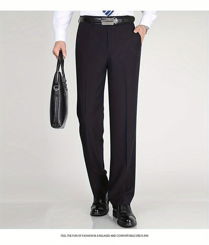 Men's Classic Straight Fit Pants - Lightweight Polyester Blend, High Waist, Button Closure, Suitable for Year-Round Wear