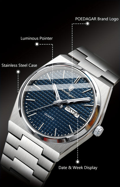 POEDAGAR Elegant Women'S Quartz Watch, Luminous Calendar, Stainless Steel Band, Round Alloy Case, Fashionable Night-Glowing Dial with Blue & Orange Accents