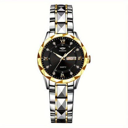 1pc Women's Stainless Steel Watch with Luminous Blue Dial, Date & Day Display, High Quality IPX7, Quartz Movement - Casual Elegant Design for Sports & Travel, Birthday Holiday Gift, Casual Attire, Secure Clasp Wristwatch