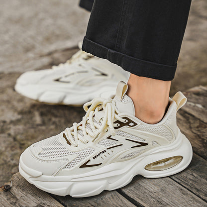 Men'S Breathable Mesh & Faux Low-Top Sneakers - Lightweight Cushioned Air Cushioning, White & Golden Accents, Lace-Up Casual Shoes for Running, Hiking, Gym & Casual Attire, Gym Shoes, Modern Sneakers, Fabric Lined Interior