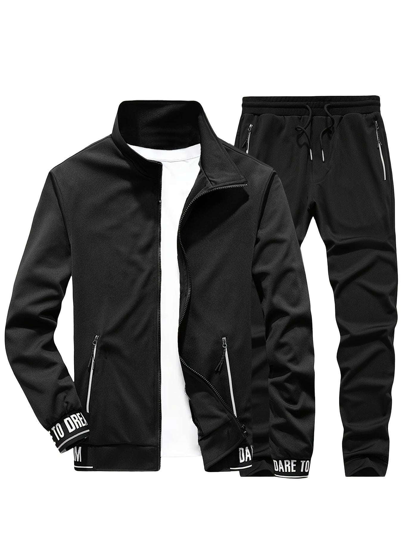 Men'S Casual Sportswear Set - Beige Zip-Up Jacket & Joggers with "DARE TO BE" Print, Long Sleeve, Pockets, and Drawstring Waist, Perfect for Running and Leisure Activities, Spring/Fall Collection, Spring Fall Attire | Zipup J