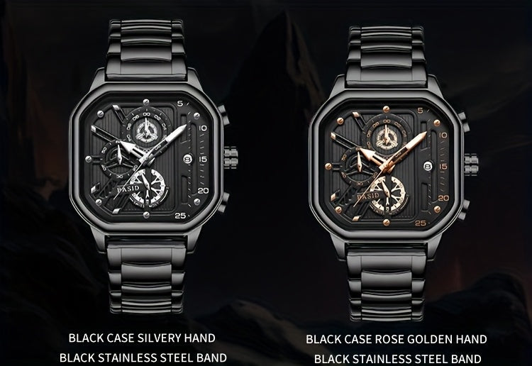 BASID Men's Elegant Square Analog Quartz Watch with Date Display & Stopwatch - Stainless Steel Strap, Black Dial - Casual & Dress Watch for Men, Unique Gift Idea, Versatile Wristwatch, Sleek Watch Design, Polished Finish