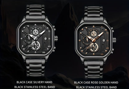 BASID Men's Elegant Square Analog Quartz Watch with Date Display & Stopwatch - Stainless Steel Strap, Black Dial - Casual & Dress Watch for Men, Unique Gift Idea, Versatile Wristwatch, Sleek Watch Design, Polished Finish