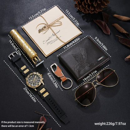 A Luxurious Set of 6pcs for Men Including Stylish Watches, a Hair Clipper, Wallet, Glasses, Keychain, And Greeting Card, Perfect for Parties And Holiday Gifts.