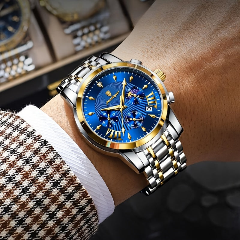 [Sophisticated Charm] Men's Multifunctional Fashion Watch - Waterproof Quartz Wristwatch with Chronograph, Stainless Steel Band, Blue Dial & Golden Accents, Ideal Gift for Men, Casual Timepiece|Contemporary Watch|Golden Accen