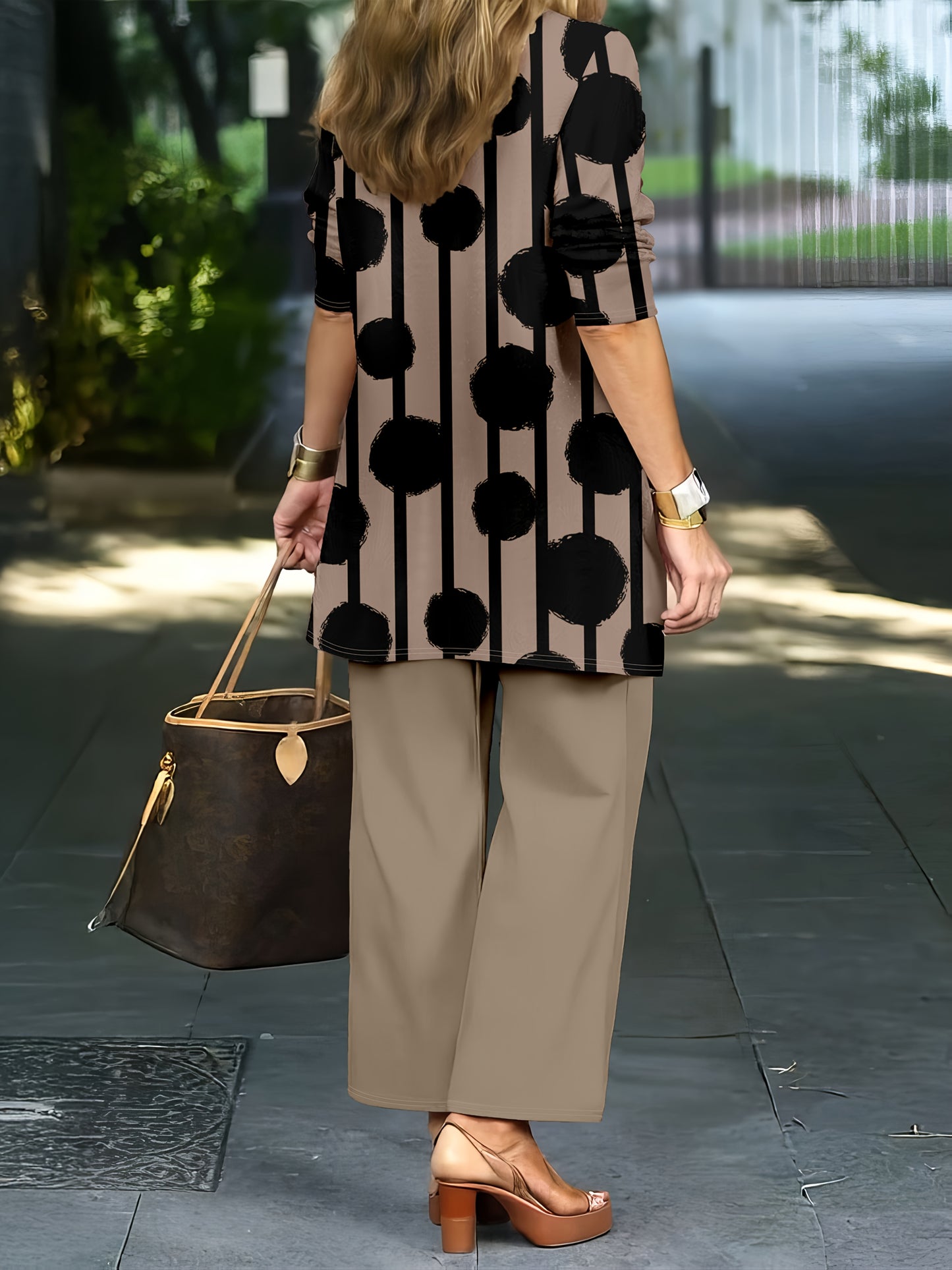 Women'S 3pcs Set, Polka Dot Print Cardigan & Solid Color Vest Casual Pants Daily Outfit