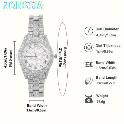 ZONGSIA Hip Hop Watch & Jewelry Set - Luxury Rhinestone-Encrusted Quartz Watch with Matching Bracelet and Necklace, Classic Male Fashion, PC Case, Alloy Strap, Electronic Drive, Non-rechargeable Button Battery, ZONGSI