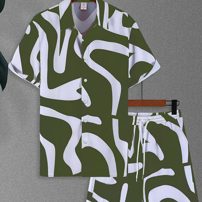 CONJUESS Men'S Summer Casual Short Sleeve Shirt and Shorts Set, Polyester 100%, Lapel Collar, Non-Stretch Woven Fabric, Irregular Striped Print, Regular Fit, 120g/m² - Green and White