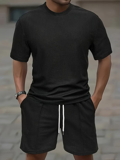 European and American Style Men's Basic Solid Color Set Round Neck Short Sleeve T-Shirt + Shorts Two-Piece Suit